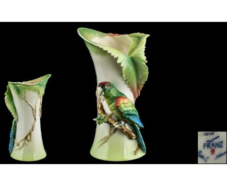 Franz - Fine Porcelain Signed Hand Painted Rain Forest Macaw Candlestick. Model No F201427. Wonderful Colours, Features The M