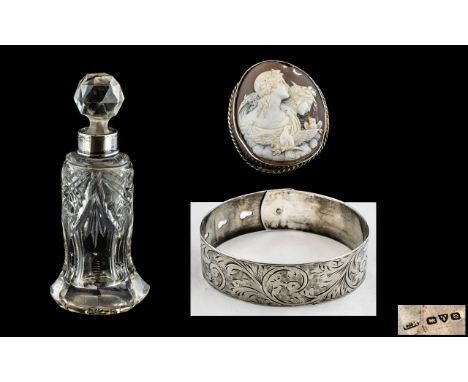 Collection of Silver Items. Large Silver Belt Buckle Bangle, Cameo and Silver Topped Scent Bottle ( 3 ) Items In Total. 