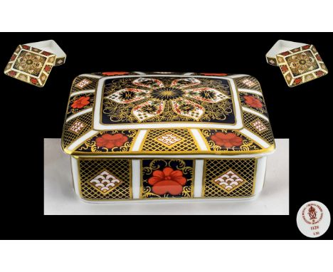 Royal Crown Derby Imari Pattern - Single Gold Band Lidded Trinket Box of Rectangular Shape. Pattern No 1128 &amp; Date 1990. 