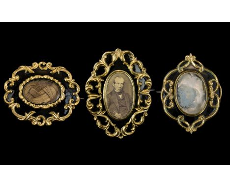 Victorian Period 1837 - 1901 Excellent Trio of Very Ornate Pinchbeck and Black Enamel Mourning Brooches with Ornate Mounts. c