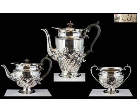 Victorian Period Superb Quality Sterling Silver ( 3 ) Piece Tea Service of Excellent Design / Proportions. Hallmark London 18