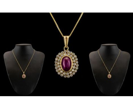 Antique Period - Wonderful and Attractive Ruby and Diamond Set Oval Shaped Pendant Attached to a 18ct Gold Quality Chain. The