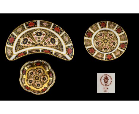 Three Royal Crown Derby Cabinet Pieces Imari Pattern 1128 to include Kidney shaped dish, saucer, and a lode trinket dish. 