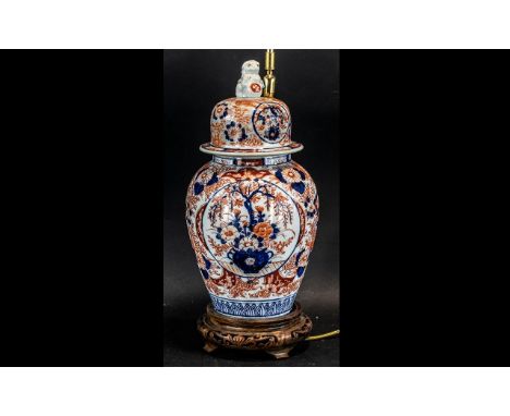 Large Antique Imari Lidded Vase, converted to a lamp, the vase with a lovely, hand painted design in the Imari palette, and a