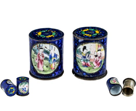 Rare Chinese Pair of Antique Cantonese Enamel Cylindrical Lidded Boxes, with bats picked out in gold to the lids, the bodies 