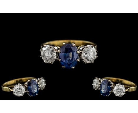 Ladies - Superb Quality 18ct Gold Sapphire and Diamond Set 3 Stone Dress Ring. Marked 750 to Interior of Shank, Ring Size N. 