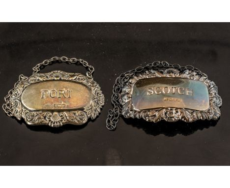 ( 2 ) Solid Silver Spirit Decanter Labels with Chains. 1 For ' Scotch ' and the Other For ' Port '. Full Hallmarks to Each. A