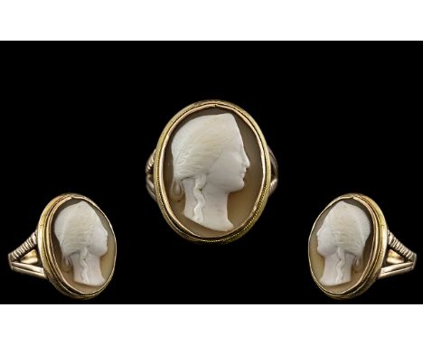 Antique Period - 9ct Gold Well Carved Cameo Ring, Depicting the Portrait of a Young Woman. Marked 9ct to Interior of Shank. R