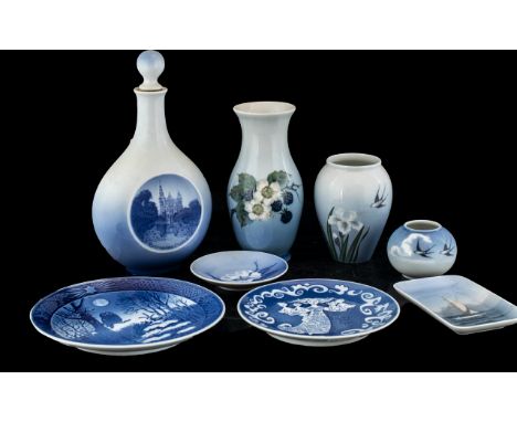 Collection Of Royal Copenhagen Porcelain To Include Three vases, Flask And Stopper, Trinket Dish And Three Plates.