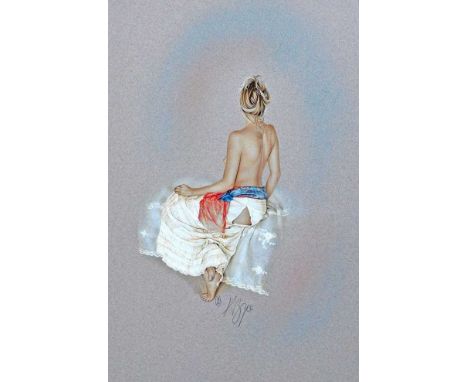 Kay Boyce (British 20th-21st Century) Lady Wearing Lace Skirt with Blue Sash, mixed media on paper, signed in pencil, measure