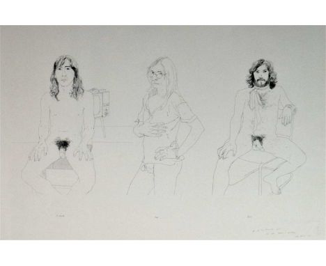 David Hockney (British b.1937) Richard, Jim and Felix, for the Oz Obscenity Fund, offset lithograph, 1971, signed bottom righ