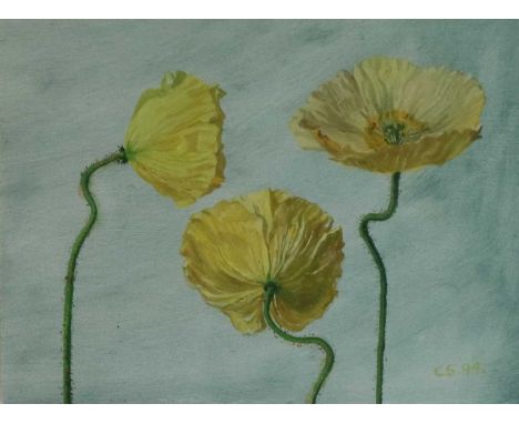 Carolyn Sergeant (British 1937-2018) Yellow poppies, initialled and dated lower right 'C.S. '94', oil on card, 15cm x 20cm, f