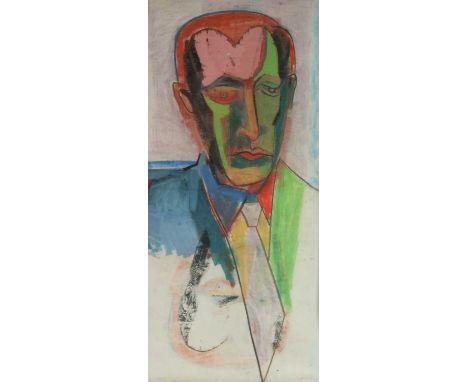 20th Century Expressionist style Portrait of a Man wearing Suit and Tie, mixed media, with two further head and shoulders por