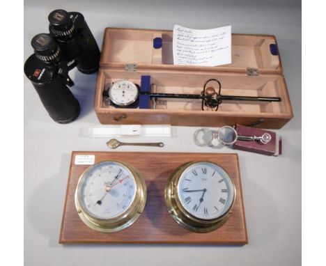 PAIR OF CHINON BINOCULARS 7 x 50, 372 ft 1000 YARDS, SESTRAL BAROMETER AND CLOCK MOUNTED ON A WOODEN PLINTH, WIND SPEED ANEMO