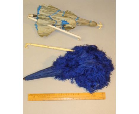 VICTORIAN BLUE WATER SILK PARASOL WITH A FOLDING IVORY HANDLE (LENGTH OVERALL: 67 cm) TOGETHER WITH ANOTHER SILK COVERED PARA