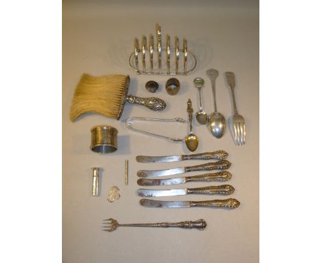 SILVER SIX DIVISION TOAST RACK BY E.J. HOULSTON, BIRMINGHAM 1943, CRUMB BRUSH, NAPKIN RING, FLATWARE ETC. (356g OF WEIGHABLE 
