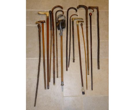 THREE SILVER MOUNTED WALKING STICKS, OTHER WALKING STICKS, THREE CANES AND A SHOOTING STICK [15] TOGETHER WITH A FOUR DIVISIO