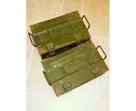 TWO BRITISH ARMY 1943 DATED P60 AMMUNITION BOXES, DESIGNED TO CARRY 4 x 25 POUND ROUNDS (12.7 cm x 48 cm x 30 cm)