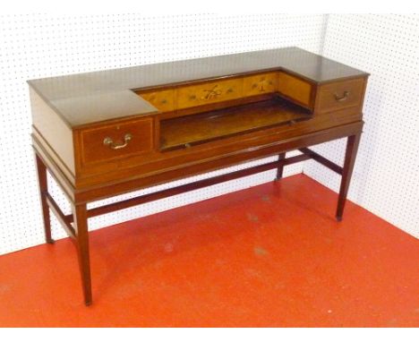 GEORGIAN MAHOGANY SPINET ADAPTED AS A DESK WITH SLIDE, DRAWERS AND INLAID DECORATION (85.5 cm x 150 cm x 58 cm)