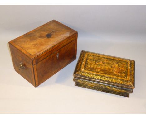 GEORGE III MAHOGANY RECTANGULAR TEA CADDY WITH SATINWOOD AND EBONY BANDING WITH LATER BRASS HANDLES (14.3 cm x 23 cm x 13.6 c