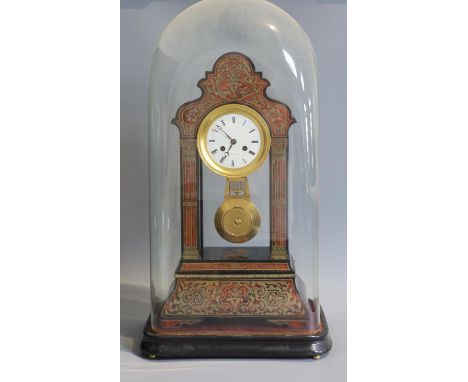 A 19th century French boulle work portico mantel clock, under glass dome, height 50cm