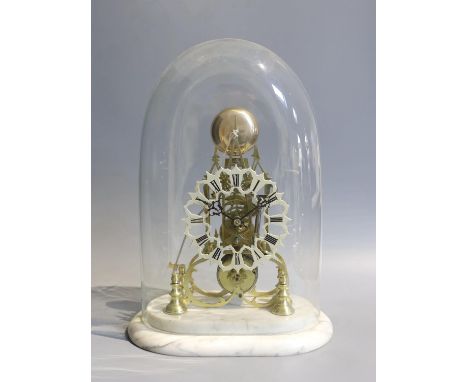 A 19th century brass skeleton mantel clock, under glass dome, with marble plinth,&nbsp; with passing strike, the single fusee