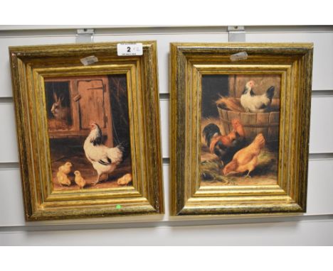 A pair of 20th century colour oleograph prints, depicting chickens with reproduced craquelure, within moulded gilt frames, 17