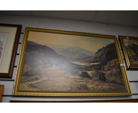 After S.P Percy (British, 1821–1886), coloured print, Sheep grazing in a valley, mounted within a moulded gilt frame 82 cm x 