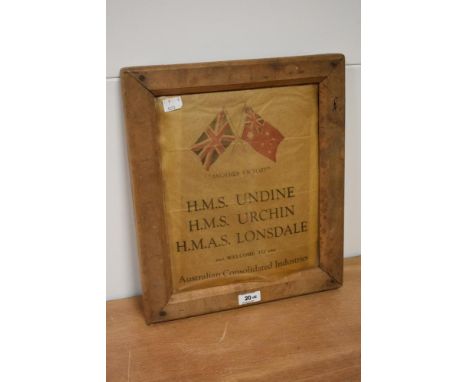 A vintage poster welcoming HMS Undine, HMS Urchin and HMAS Lonsdale to the Australian Consolidated Industries Sept 1945, moun