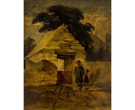 NO RESERVE Wales.- English School (19th century) The Old Church Porch, oil on panel, numerous indistinct pencil inscriptions 