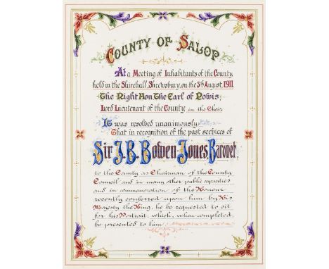 Shropshire.- Illuminated address to Sir John Bowen Bowen-Jones on being awarded a baronetcy, illuminated manuscript with subs