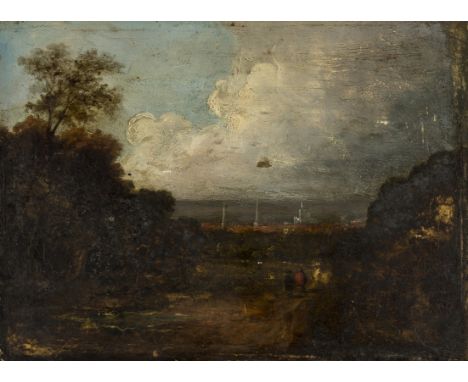 NO RESERVE Norwich School (19th century) Landscape with distant town and passing clouds, oil on panel, with later pencil insc