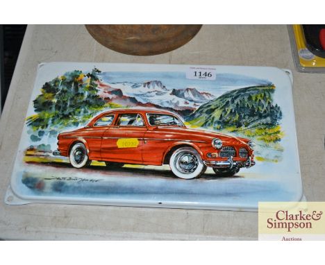 An enamel sign depicting a Volvo Amazon