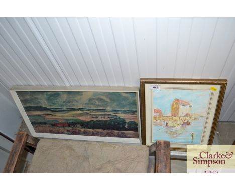 Les Welham watercolour study "The Tide Mill" Woodbridge and a coloured print depicting rural landscape
