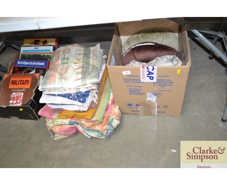 A box and a bundle of various linen; curtains etc