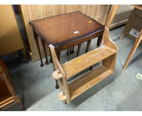 ** UPDATED DESCRIPTION ** A nest of three reproduction mahogany occasional tables; a pine hanging shelf and a reproduction ye