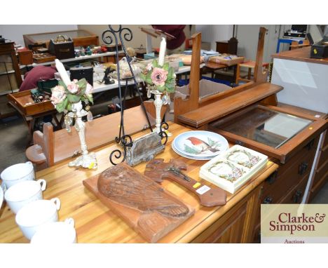 A pair of candlesticks, pair of Past Times photo frames, a Goebel collectors plate and a crucifix