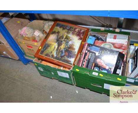 Two boxes containing various penguin books, a print of Still water cottage, hairdryer, relief wrap etc.