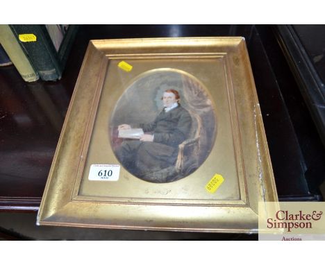 An overpainted print, portrait study of a seated gentleman 