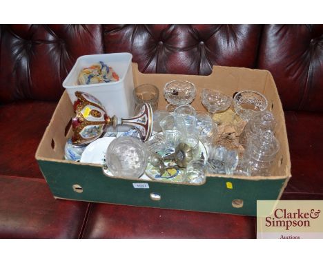 A quantity of various glassware to include a overlaid glass crystal bowl AF, Eastern white metal spill vases