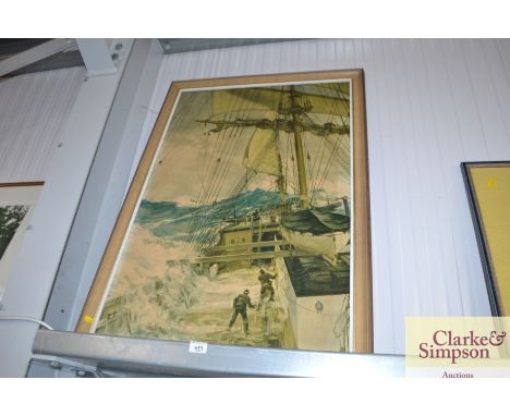 After Montague Dawson, coloured print depicting sailing ship in heavy seas 