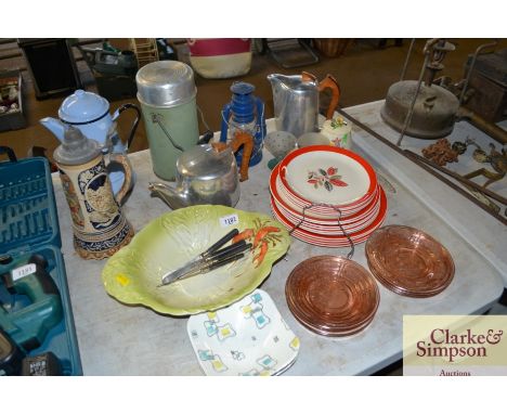 A quantity of Alfred Meakin retro plates; Piquot ware teapot; a vintage Thermos flask; an enamel teapot; Carlton ware dish et