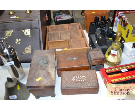 A sarcophagus shaped 19th Century tea caddy together with an inlaid and carved trinket box; an oriental cigarette box AF etc