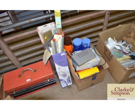 A camp bed, threshold step cover, a box containing various glass and tin boxes, a Fergusson digital receiver