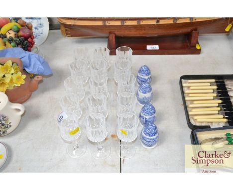 A quantity of sherry glasses and two pairs of Spode Italian salt and pepperettes 