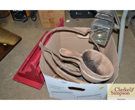 A box containing carriage lamp, various hand tools etc. 
