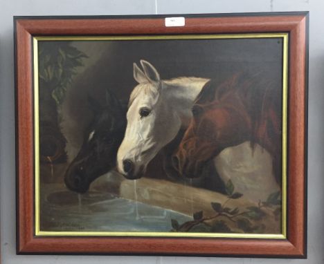 An oil on canvas depicting three horses drinking from a trough, signed lower left &amp; dated 1882, 40 x 50 cm