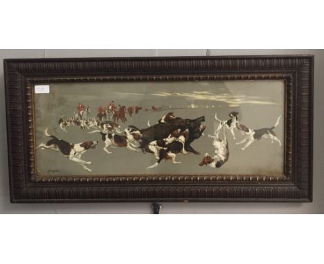 Karl Wagner (b. 1864): A colour lithograph depicting a boar hunt, signed in the plate, 25 x 67 cm