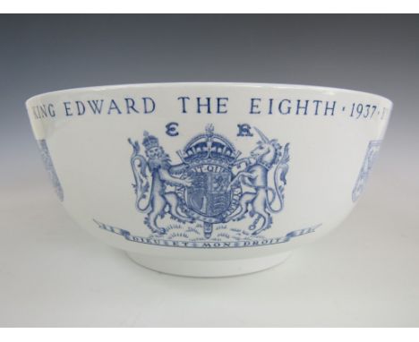 A Wedgwood commemorative Edward VIII punch bowl designed by Keith Murray, of hemispherical form, with blue and white transfer