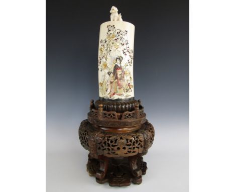 A late Meiji Japanese shibayama tusk vase, cover and stand, the tusk depicting a lady with parasol walking with a young girl 